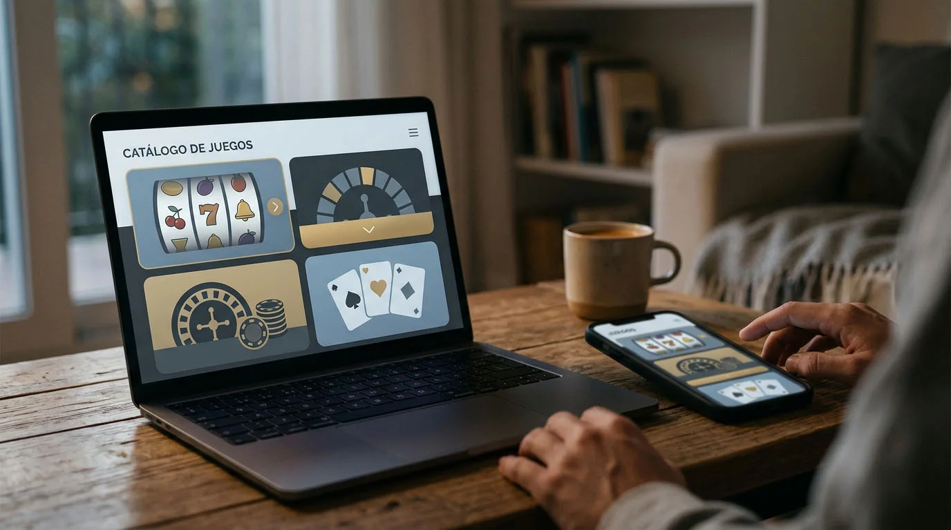Pantalla con mosaico abstracto de slots, cartas y ruleta en un entorno doméstico