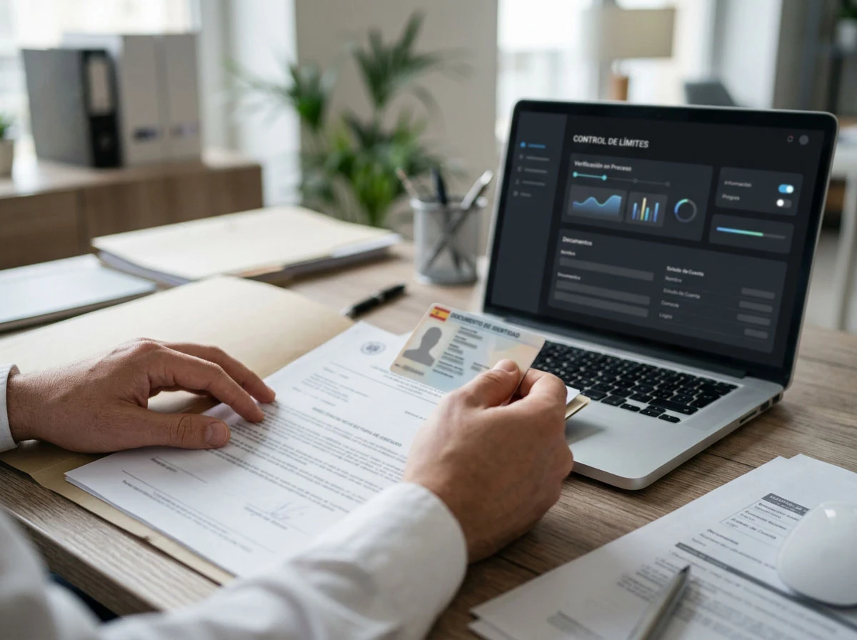 Persona revisando documentos de identidad y controles de límites en una pantalla conceptual