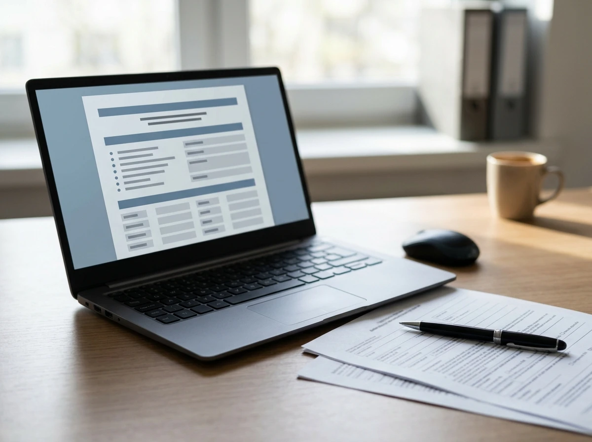Documentos digitales junto a un portátil y elementos administrativos españoles