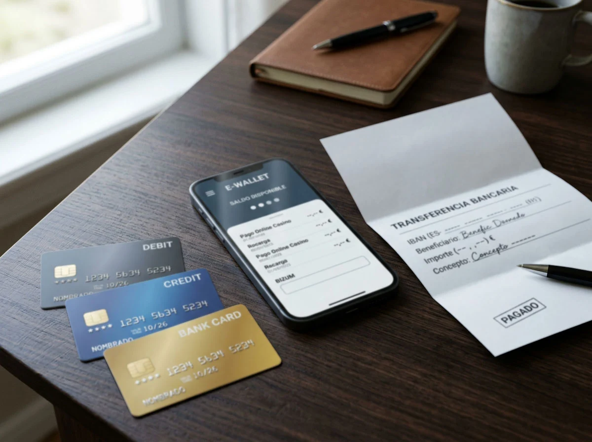Tarjetas, teléfono y transferencia bancaria representados junto a símbolos de euro