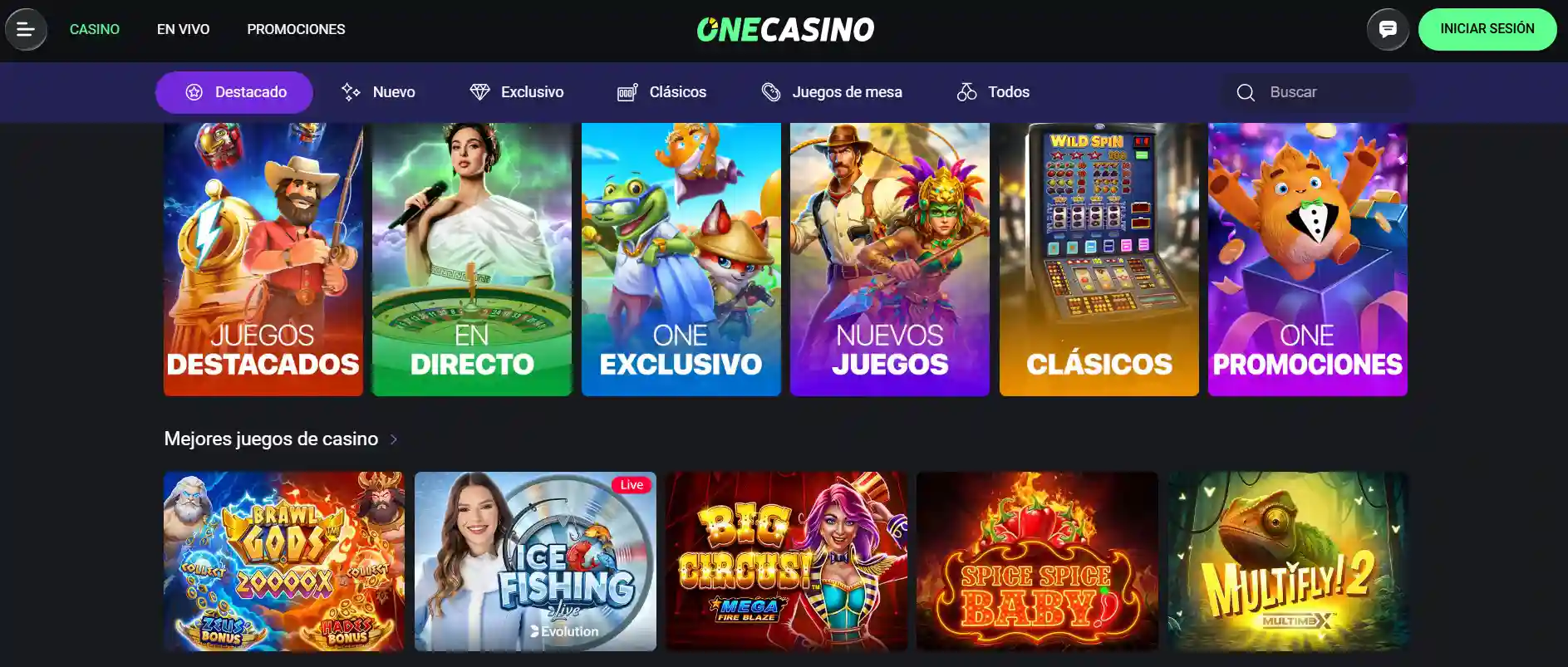 Portada pública de OneCasino en español dentro de un navegador