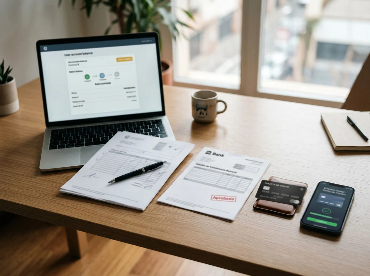 Saldo digital pasando por varias etapas hasta una tarjeta y una cuenta bancaria